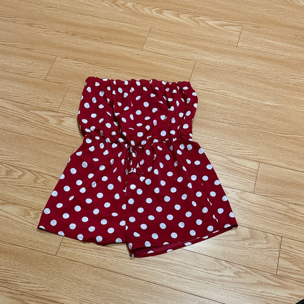 Red Polka Dot Strapless Romper L
